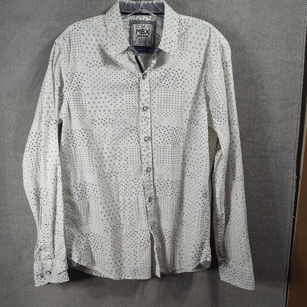 MBX Denim Wear Mens Medium Slim Fit Button Front Geometric Paisley Shirt White